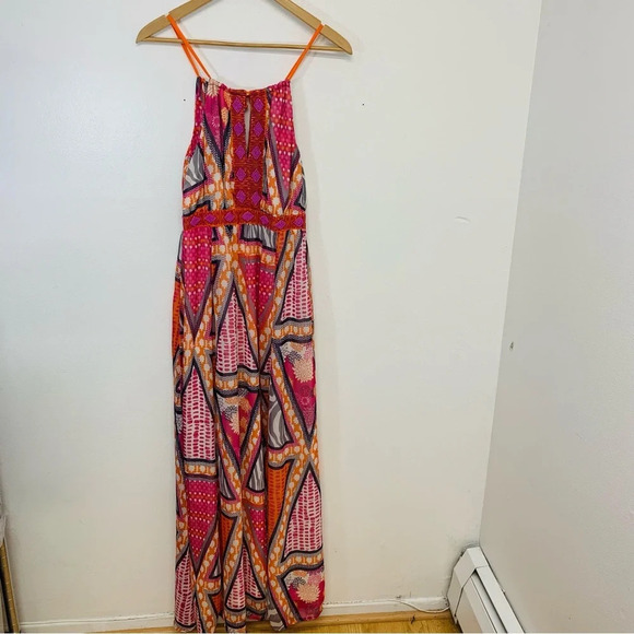 H & M Maxi Dress 6‎ Pink Abstract Empire Flowy Adjust Tropical Beachy Fairy Boho - Picture 1 of 10